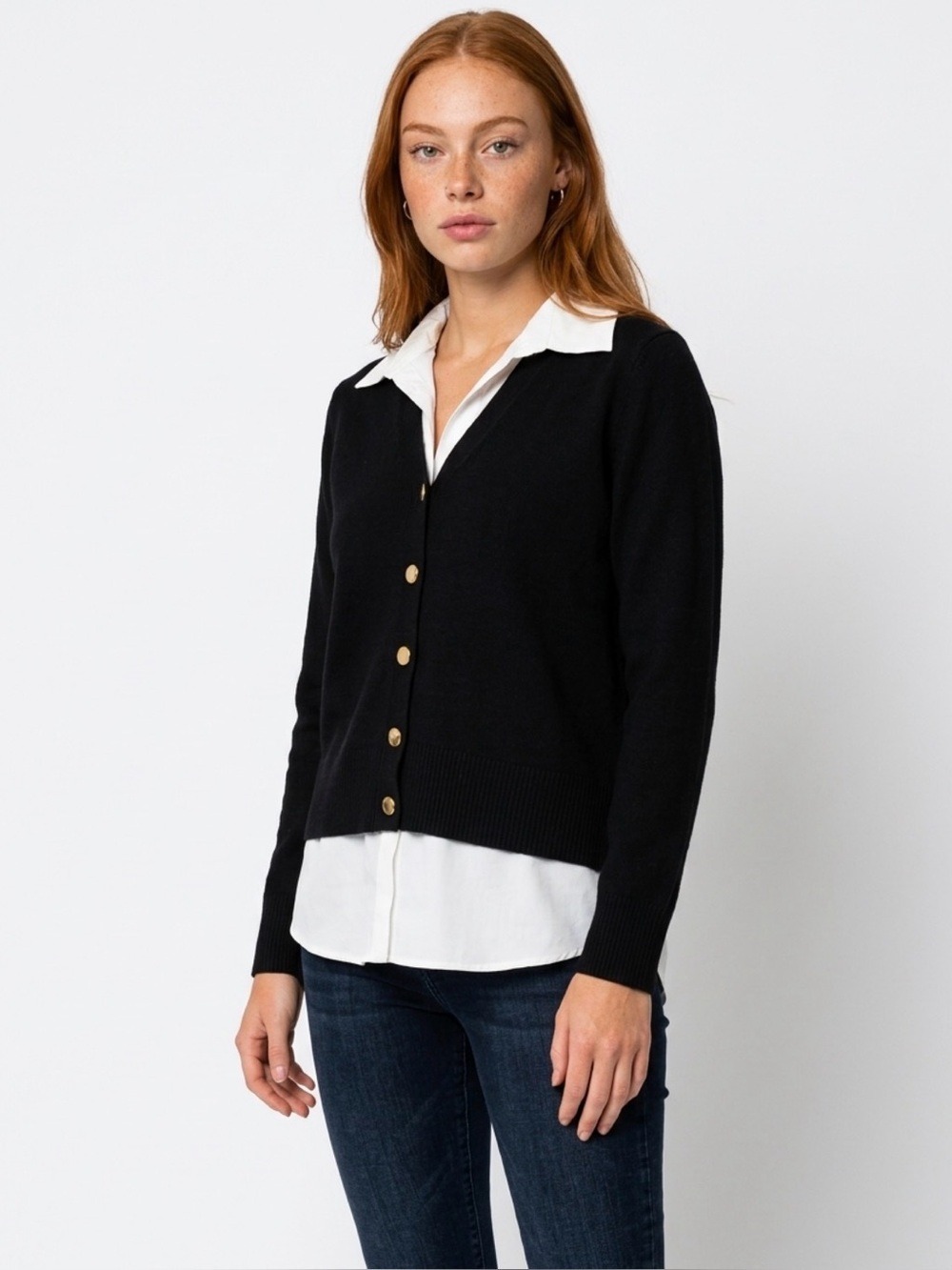 Jones New York Black sweater  with White Shirt-Collar and Hem